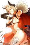  1girl arms_up artist_request ass bakugou_mitsuki bikini blonde_hair blush boku_no_hero_academia breasts cape female horns large_breasts looking_at_viewer milf patreon red_eyes shiny shiny_skin shirt_lift short_hair smile solo spiked_hair swimsuit thong 