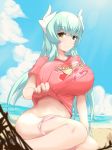  aqua_hair bangs beach blue_sky breasts buster_shirt clothes_writing cloud crossed_bangs day dragon_horns eyebrows_visible_through_hair fate/grand_order fate_(series) heart highres horns huge_breasts kiyohime_(fate/grand_order) lifted_by_self long_hair maruchobi navel orange_eyes outdoors panties panties_around_one_leg pink_panties pink_shirt shirt shirt_lift short_sleeves sky solo straight_hair t-shirt underwear very_long_hair water 