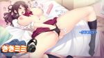 1girl areolae bag bed black_panties blush bouncing_breasts bow bowtie breasts breasts_apart brown_hair dildo egg_vibrator feet fingering gluteal_fold green_eyes groin half-closed_eyes headphones highres indoors kiki_mimi large_breasts legs long_hair lying masturbation moaning mochi_kuu_usagi motion_lines navel nipples no_bra no_shoes on_bed onomatopoeia open_clothes open_mouth original panties pillow pussy_juice red_skirt school_bag school_uniform skirt socks solo spread_legs sweat thighs trembling underwear vibrator wet 