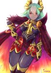  armor artist_name belt black_armor breasts cape closed_mouth commentary_request dark_skin fire_emblem fire_emblem_heroes gauntlets gradient_hair green_hair hand_on_hip highres hips ippers laegjarn_(fire_emblem_heroes) large_breasts leggings lips lipstick makeup multicolored_hair orange_hair purple_lipstick red_belt short_hair simple_background smile solo thighs white_background 