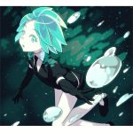  androgynous black_gloves black_neckwear black_shorts collared_shirt crystal_hair elbow_gloves gem_uniform_(houseki_no_kuni) gloves green_hair highres houseki_no_kuni looking_at_viewer masuji necktie phosphophyllite puffy_short_sleeves puffy_sleeves shirt short_hair short_shorts short_sleeves shorts solo white_skin 