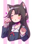  1girl :o animal_ears arms_up bangs black_hair blue_shirt blush buttons cat_ears chestnut_mouth commentary dochanhee english_commentary eyebrows_visible_through_hair hands_up heart highres korean long_sleeves looking_at_viewer neck_ribbon one_eye_closed original paw_pose purple_background red_ribbon ribbon sailor_collar shirt solo striped striped_background translation_request two-tone_background upper_body white_background white_sailor_collar yellow_eyes 
