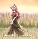  absurdres alternate_color animal_ears breasts brooch brown_hair cleavage dress hh highres imaizumi_kagerou jewelry long_hair looking_at_viewer md5_mismatch medium_breasts nature outdoors red_eyes solo touhou wolf_ears 