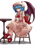  absurdres ascot bangs blue_hair bow brooch chair closed_mouth demon_wings dress eyebrows_visible_through_hair hair_between_eyes hat highres jewelry looking_at_viewer mary_janes mob_cap nob1109 orange_eyes puffy_short_sleeves puffy_sleeves purple_wings red_bow red_footwear red_neckwear remilia_scarlet shadow shoes short_hair short_sleeves simple_background sitting slit_pupils smile socks solo touhou white_background white_dress white_hat white_legwear wings wrist_cuffs 