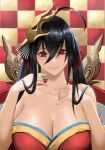  ahoge azur_lane bangs bare_shoulders black_hair breasts checkered checkered_background choker cleavage closed_mouth cocktail_dress collarbone commentary_request dress finger_to_neck hair_between_eyes hair_ornament highres homomomomon huge_breasts japanese_clothes kimono long_hair looking_at_viewer off_shoulder red_choker red_dress red_eyes red_ribbon ribbon smile solo strapless taihou_(azur_lane) 