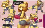  2018 animal_crossing anthro bell blonde_hair boxing_gloves breasts butt canine cleavage clothed clothing dialogue digital_media_(artwork) dog dumbbell english_text exercise eyes_closed female hair isabelle_(animal_crossing) mammal midriff navel nintendo one_eye_closed push-up shih_tzu shinsuke signature simple_background solo sweat text video_games weights workout 