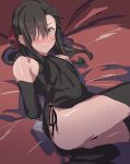  arms_behind_back black_hair brown_eyes closed_mouth crossdressing dress elbow_gloves gloves hair_ribbon halterneck long_hair looking_at_viewer male_focus masuji natsuki_subaru re:zero_kara_hajimeru_isekai_seikatsu ribbon solo sweat thighs 