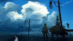  akitsu_taira animal bird blonde_hair blue_sky cat cloud cloudy_sky dark day facing_away fantasy from_behind highres izumi_luna_(akitsu_taira) long_hair original outdoors oversized_animal reflective_floor road road_sign scenery sign silhouette sky solo standing 