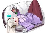  albino book bow bowtie breasts brown_legwear capcom_fighting_jam commentary_request couch dress gloves hairpods ingrid knees_up legs_together long_hair looking_at_viewer lying medium_breasts on_back open_book pantyhose purple_dress red_eyes sketch solo tetsu_(kimuchi) translation_request white_gloves white_hair 