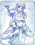  1girl :d baseball_cap blue boots border carrying child closed_mouth commentary_request gloves hair_between_eyes hair_over_one_eye hat hataraku_saibou holding holding_weapon jacket long_hair looking_at_viewer monochrome open_mouth platelet_(hataraku_saibou) reverse_grip round_teeth sakino_shingetsu shirt short_sleeves shorts shoulder_carry smile teeth u-1146 weapon white_blood_cell_(hataraku_saibou) 