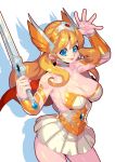  blonde_hair blue_eyes breasts cape fantasy fengmo headgear large_breasts long_hair looking_at_viewer masters_of_the_universe she-ra simple_background skirt smile solo sword weapon white_background 