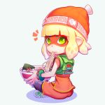  arms_(game) bangs beanie black_legwear blonde_hair blunt_bangs bowl bracelet closed_mouth cosplay domino_mask food green_eyes hat inkling jewelry looking_at_viewer mask min_min_(arms) min_min_(arms)_(cosplay) noodles orange_hat pointy_ears short_hair simple_background sitting solo splatoon_(series) tentacle_hair w2398510474 white_background 
