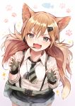  :d animal_ears bangs black_shorts blue_eyes blush breasts cat_ears cat_girl cat_tail collared_shirt commentary_request dog_tags eyebrows_visible_through_hair fangs fingerless_gloves fingernails girls_frontline gloves gradient gradient_background green_gloves hair_between_eyes hair_ornament hairclip headset highres idw_(girls_frontline) light_brown_hair long_hair looking_at_viewer open_mouth purple_background shirt short_shorts shorts small_breasts smile solo sparkle sukemyon suspender_shorts suspenders tail very_long_hair white_background white_shirt 