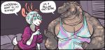  2018 anthro cervine clothed clothing dialogue dramamine drugs duo english_text eyewear facial_piercing female glasses hair horn larger_male lizard male male/female mammal monitor_lizard muscular muscular_male nose_piercing nose_ring pecs piercing reptile scalie shirt size_difference smaller_female speech_bubble sweater tank_top text 