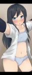  arm_warmers asashio_(kantai_collection) black_hair black_legwear blue_eyes blush bra breasts grey_bra grey_panties groin highres kantai_collection letterboxed long_hair navel panties reaching_out self_shot skindentation small_breasts solo tan_background thighhighs thighs underwear wasumi_kei 