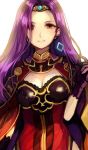  bangs black_gloves breasts brown_eyes brown_hair cape cleavage closed_mouth commentary_request dress earrings fire_emblem fire_emblem_echoes:_mou_hitori_no_eiyuuou forehead gloves hair_over_one_eye hand_up jewelry jurge long_hair medium_breasts parted_bangs purple_gloves purple_hair red_cape red_dress simple_background solo sonia_(fire_emblem_gaiden) tiara upper_body very_long_hair white_background 