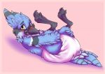  anthro arrow_(amberreaper) avian biped bird blue_jay blush corvid diaper dracky eyebrows feathers feces lying on_back signature simple_background 