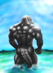  anthro back_muscles biceps big_muscles black_scales butt claws crocodile crocodilian dynathecat green_eyes looking_at_viewer looking_back male muscular muscular_male nude partially_submerged rear_view reptile scales scalie simple_background solo standing teeth 