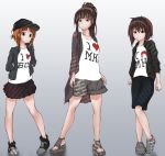  alternate_hairstyle animal_print baseball_cap bear_print black_footwear black_hairband black_hat black_jacket black_skirt brown_eyes brown_hair casual closed_mouth clothes_writing commentary english girls_und_panzer goripan gradient gradient_background grey_background grey_footwear grey_jacket grey_shorts hairband hands_in_pockets hat heart heart_print i_heart... jacket light_frown miniskirt mother_and_daughter multiple_girls nishizumi_maho nishizumi_miho nishizumi_shiho no_legwear pleated_skirt ponytail print_shirt sandals shirt shoes shorts siblings sisters skirt sneakers white_shirt 