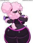  2018 anthro big_butt blush breasts butt caprine clothed clothing digital_media_(artwork) dumbbell female hair horizontal_pupils huge_hips looking_back mammal nekocrispy pink_hair rear_view sheep sheep_mom short_stack side_boob signature simple_background solo thick_thighs url voluptuous weights white_background wide_hips yellow_eyes 