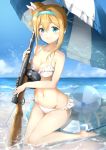  ball barefoot beach beachball bikini blonde_hair blue_eyes blue_hairband blue_sky breasts bunny_hair_ornament cleavage cloud collarbone day frilled_bikini frills full_body girls_frontline groin gun hair_between_eyes hair_bun hair_intakes hair_ornament hairband highres holding holding_gun holding_weapon innertube kneeling looking_at_viewer medium_breasts navel ocean outdoors parasol raidensan rifle side_bun sidelocks sky smile soles solo suomi_kp31_(girls_frontline) swimsuit transparent umbrella weapon white_bikini 