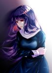  asagami_fujino blue_dress breasts commentary_request crying crying_with_eyes_open dress fate/grand_order fate_(series) frtheia highres kara_no_kyoukai long_hair long_sleeves medium_breasts open_mouth purple_hair red_eyes sad school_uniform shiny shiny_hair simple_background solo tears 