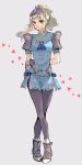  blonde_hair brown_eyes clair_(fire_emblem) closed_mouth commentary_request dress fire_emblem fire_emblem_echoes:_mou_hitori_no_eiyuuou full_body grey_background helmet highres long_hair pantyhose ponytail short_dress simple_background solo standing thike_sbm 