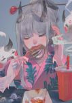  blush chicken_leg closed_eyes commentary dochanhee drinking_straw eating english_commentary eyebrows_visible_through_hair food ghost grey_background grey_hair hair_ornament hair_stick highres holding holding_food horns japanese_clothes kimono pink_kimono simple_background solo 