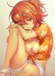  alternate_costume areola_slip areolae bracelet breasts commentary_request eyewear_on_head fate/grand_order fate_(series) fujimaru_ritsuka_(female) hair_ornament hair_scrunchie hawaiian_shirt highres jewelry large_breasts looking_at_viewer orange_hair scrunchie shirt shorts side_ponytail tan tanline tropical_summer vivivivi 