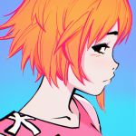  alternate_hair_color black_eyes blue_background blush close-up closed_mouth commentary face food gorillaz gradient gradient_background highres ilya_kuvshinov looking_at_viewer noodle_(gorillaz) orange_hair profile short_hair solo tank_top 