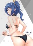  ass back bare_shoulders bikini black_bikini blue_hair blush breasts choker clothes_pin dated dimples_of_venus earrings eyebrows_visible_through_hair from_behind girls_frontline holding_bikini_bottom jewelry k11_(girls_frontline) long_hair looking_at_viewer looking_back messy_hair multiple_earrings open_mouth purple_eyes shoulder_blades side_ponytail sidelocks signature smile solo stud_earrings swimsuit thighs twitter_username unel untied untied_bikini 