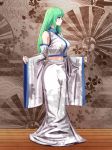  absurdres alternate_costume bad_id bad_pixiv_id bare_shoulders blue_eyes breasts brown_background closed_mouth collared_shirt commentary_request detached_sleeves eyebrows_visible_through_hair floral_print from_side green_hair highres jellyring kochiya_sanae large_breasts long_hair long_skirt midriff_peek profile shirt skirt solo standing touhou white_skirt wide_sleeves wing_collar 
