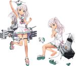  arm_up dress green_eyes jiji kantai_collection long_hair maestrale_(kantai_collection) multiple_views official_art sailor_dress silver_hair sleeveless sleeveless_dress smile smoke smokestack stitched third-party_edit white_dress 