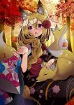 :o animal_ears autumn autumn_leaves braid chestnut_mouth commentary_request fang floral_print forest fox fox_ears fox_tail hair_ornament japanese_clothes kei_s01 kimono light_rays nature obi original sash sunlight tail tree 