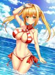  ahoge arm_up bead_bracelet beads bikini blonde_hair blue_sky blush bracelet breasts closed_mouth cloud criss-cross_halter day earrings fate/grand_order fate_(series) green_eyes halterneck jewelry large_breasts long_hair looking_at_viewer navel nero_claudius_(fate)_(all) nero_claudius_(swimsuit_caster)_(fate) ocean outdoors red_bikini shimo_(shimo_00) side-tie_bikini sky smile solo swimsuit twintails wading wet 