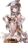  animal_ears bangs blue_eyes blunt_bangs blush breasts chobi_(sakuyasakuhana) commentary cowboy_shot detached_collar dress elbow_gloves erune eyebrows_visible_through_hair fang fantasy gem gloves gold_trim granblue_fantasy hair_ornament hand_on_own_chest hands_up highres korwa long_hair looking_at_viewer medium_breasts open_mouth silver_hair simple_background sleeveless sleeveless_dress solo standing thighhighs white_background white_gloves 