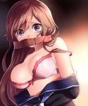 blush bra breasts brown_hair cleavage clothes_around_waist commentary_request gagged gradient gradient_background highres jacket jacket_around_waist large_breasts long_hair looking_at_viewer neit_ni_sei open_clothes open_jacket original pink_bra purple_eyes solo strap_slip sweat tears underwear wide-eyed 