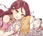  :d animal breasts cleavage collarbone commentary_request criss-cross_halter dog hair_ornament hairclip half_updo halterneck long_hair looking_at_viewer love_live! love_live!_sunshine!! open_mouth pink_scrunchie polka_dot polka_dot_scrunchie red_hair sakurauchi_riko scrunchie shiitake_(love_live!_sunshine!!) signature smile solo takenoko_no_you tongue tongue_out white_background wrist_scrunchie yellow_eyes 