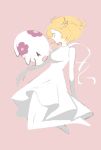  bel_(pokemon) blonde_hair breasts canari closed_eyes commentary_request dress full_body gen_5_pokemon highres medium_hair munna pink_background pokemon pokemon_(creature) pokemon_(game) pokemon_bw profile short_hair simple_background solo standing white_dress white_skin 