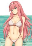  aqua_eyes arciealbano arms_behind_back ass_visible_through_thighs bangs bare_shoulders bikini blush breasts cleavage closed_mouth collarbone cowboy_shot darling_in_the_franxx eyebrows_visible_through_hair grey_hairband hair_between_eyes hairband head_tilt highres horns long_hair medium_breasts multi-strapped_bikini navel ocean pink_hair sidelocks signature smile solo stomach straight_hair swimsuit thighs very_long_hair water white_background white_bikini zero_two_(darling_in_the_franxx) 