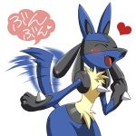  &lt;3 3_fingers ambiguous_gender black_fur black_skin blue_fur blush cute_fangs eyes_closed fur happy inumania low_res lucario nintendo open_mouth pink_tongue pok&eacute;mon pok&eacute;mon_(species) simple_background small_waist smile solo spikes tailwag text tongue translated video_games white_background wide_hips yellow_fur 