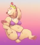  2018 anthro bear bow breasts clothed clothing digital_media_(artwork) female fur hindpaw looking_at_viewer mammal navel oddwilds overweight pawpads paws polkadot semi-anthro simple_background smile solo stretching swimsuit 