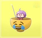  :d ahoge bangs blush_stickers border bowl brown_eyes chibi commentary_request emoji english_commentary full_body glint happy_tears holding in_bowl in_container laughing mata meme minigirl mixed-language_commentary needle open_mouth outline projected_inset purple_hair simple_background smile solid_eyes sukuna_shinmyoumaru tears touhou v-shaped_eyebrows what white_border white_outline yellow_background 