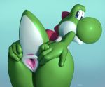  anthro anus blue_eyes butt dinosaur dragon edit female green_skin green_yoshi looking_at_viewer looking_back mario_bros nintendo nude pienji presenting presenting_pussy pussy reptile scalie simple_background solo spread_pussy spreading video_games yoshi 
