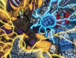  alien battle claws colorized commentary duel electricity energy english_commentary glowing glowing_eyes green_eyes horns male_focus mecha multiple_boys no_humans oldschool pinkuh planet primus robot science_fiction space super_robot transformers transformers_armada unicron yellow_eyes 