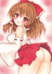  1girl ass bare_shoulders blush bow breasts brown_hair detached_sleeves eyebrows_visible_through_hair hair_tubes hakurei_reimu highres long_hair looking_at_viewer looking_back medium_breasts no_panties open_mouth red_eyes skirt smile solo standing touhou traditional_media waitan1729 