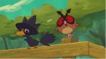  2019 animated avian black_feathers duo feathers fence feral frozenspots hoothoot looking_at_another low_res murkrow nintendo onomatopoeia outside pok&eacute;mon pok&eacute;mon_(species) red_eyes sound_effects tree video_games 