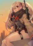  bada_(jksh5056) bangs belt black_gloves black_leotard blurry blurry_background breasts brown_belt brown_eyes building commentary_request depth_of_field elbow_gloves eyebrows_visible_through_hair fur-trimmed_jacket fur_trim girls_frontline gloves gun hair_over_one_eye highres hk21 hk21_(girls_frontline) iron_cross jacket leotard light_brown_hair long_hair long_sleeves object_namesake open_clothes open_jacket open_mouth sitting sky skyscraper small_breasts solo twintails upper_teeth very_long_hair weapon weapon_on_back white_jacket wide_sleeves 