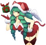  animal_ears argyle_cutout ass breasts cat_ears cat_tail christmas cleavage commentary_request curly_hair drill_hair earrings fake_tail fiore_brunelli fur_trim gloves green_hair hair_ornament hat jewelry large_breasts long_hair looking_at_viewer miniskirt murata_tefu revealing_clothes simple_background skirt solo star_ocean star_ocean_integrity_and_faithlessness tail thong twintails very_long_hair white_background yellow_eyes 