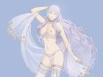  bangs blue_background breastless_clothes breasts choker circlet diadora_(fire_emblem) fingernails fire_emblem fire_emblem:_seisen_no_keifu hand_behind_head iktk jewelry lace lace-trimmed_panties lace-trimmed_thighhighs lace_choker lavender_hair lingerie lips long_hair looking_at_viewer looking_to_the_side medium_breasts navel nipples panties purple_eyes purple_hair sidelocks simple_background smile solo thighhighs underwear underwear_only very_long_hair wavy_hair 